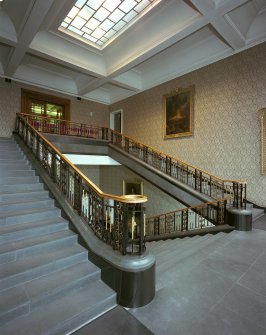 View of main staircase on half landing at the National Library of Scotland, Edinburgh, from South East.
