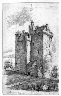 Photographic copy of a pencil sketch by W F Lyon.  General view from south west of Clackmannan Tower.  Digital image of CLD 8/32.