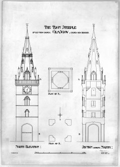 Photographic copy of N elevation, section from S and plan.
Titled: 'The Tron Steeple of Old Tron Church, Glasgow, Church now removed'  'T A Macadam Delt'
Signed: 'MacGregor Chalmers'  '95 Bath Street, Glasgow, April 1910'.  Digital image of E/12173.