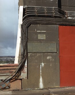 Detail of the commemorative plaque inside the South portal: 'Forth Bridge commenced April 1883 opened by H.R.H. The Prince of Wales March 4th 1890.'
Digital image of B 3352 CN.