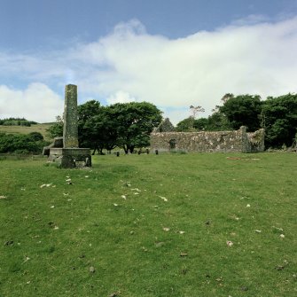 Copy of colour photograph showing Kildonan Church and cross-shaft.