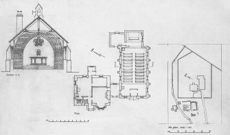 Copy of pencil survey drawing of plans and elevation of St Donnan's Roman Catholic Church, Cleadale, Isle of Eigg.
