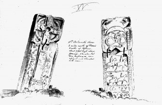 Annotated drawing of both faces of cross slab from album, page 16.