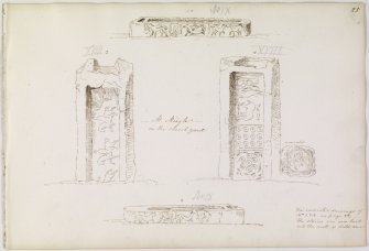 Annotated drawing of Meigle stones Nos.9 and 11 showing both sides of stones. From album, page 25.  Digital image of PTD/316/4/P.