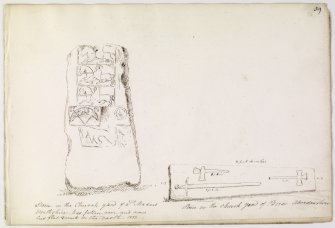 Photographic copy of annotated drawing of cross slab from album, page 39.  Digital image of PTD/311/1/P.