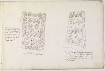 Annotated drawing of Hilton of Cadboll Pictish cross slab.
From album by James Skene (p. 49).