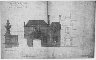 House in the grounds of Stoneyhill for J K Ballantyne.
Plans of proposed additions showing detail of balustrade and front elevation.
Scanned image of E 21284 P.