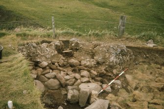 Copy of colour slide showing detail of excavations at Cullykhan, Castle Point, Troup, Banffshire - prehistoric entrance?
NMRS Survey of Private Collection
Digital Image only