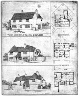 Site plans and sketches for three cottages at Colinton, Edinburgh; Westfield, 40 Pentland Avenue; Binley Cottage, 42 Pentland Avenue and Acharra, 3 Gillespie Road.
Titled: 'Three Cottages at Colinton. R.S Lorimer. Architect. 49 Queen St. Edinburgh. For Miss Guthrie Wright', 'For Major Meares'.
