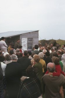 Copy of colour slide showing detail of excavations  Cullykhan, Castle Point, Troup, Banffshire
site director? addressing visitors.
NMRS Survey of Private Collection
Digital Image only