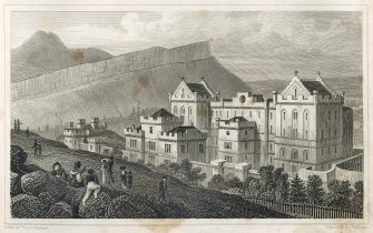 View of jail, looking south east.
Titled: 'The New Bridewell, Salisbury Crags, and Arthur's Seat from Calton Hill, Edinburgh.'