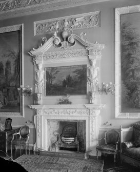 Interior-First floor saloon. Detail of fireplace.