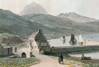 Jura, Craighouse, Store Houses & general.
Photographic copy of print showing view from South.
Titled: 'On the Isle of Jura'.