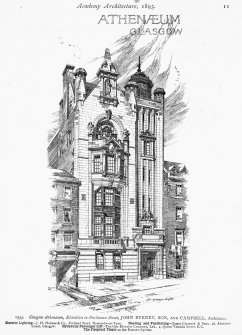 Perspective elevation of street facade. 
Insc: 'Academy Architecture, 1893. Athenaeum Glasgow.  1555. Glasgow Athenaem, Elevation to Buchanan Street, John Burnet, Son, and Campbell, Architects. 
Electric Lighting - J.H.Holmes & Co., Portland Road, Newcastle-on-Tyne.  
Heating and Ventilating - James Cormack & Sons, 36, Abercorn Street, Glasgow.  Hydraulic Passenger Lift - The Otis Elevator Company, Ltd., 4, Queen Victoria Street, E.C. The Fireproof Floors on the Fawcett System.'