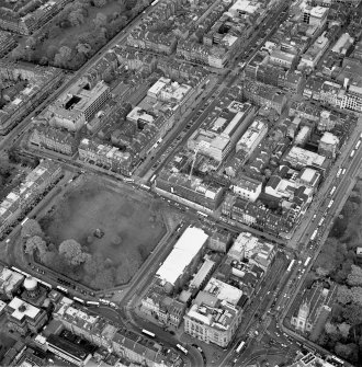 Oblique aerial view of Edinburgh centred on the renovation of the Roxburghe Hotel with the renovations to the south side of Charlotte Square adjacent, taken from the SW.