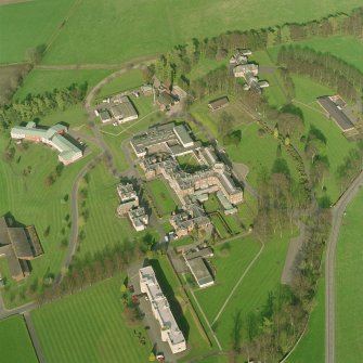 Oblique aerial view centred on the hospital.
