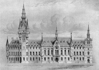 Aberdeen, Castle Street, Municipal Buildings.
Digital image of scale drawing of South elevation of Municipal Buildings.
Title: 'Elevation to Castle Street. No.2'.
Insc: 'Aberdeen Public Libraries; Peddie & Kinnear Archts'. 
