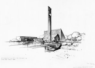Perspective view from the South East.
Titled: 'St Mungo's Church: Cumbernauld'.   
Signed: 'Alan Reiach 1 July 1962'.
Scanned image of E 21561.