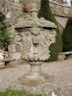 Detail of urn (no.6 on plan), at West side of stone stair from South West.
Digital image of D 59532 CN.
