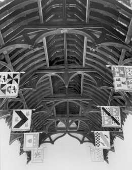 Detail of ceiling trusses in Randolph Hall.