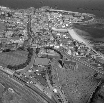 Aerial view including church and harbour.