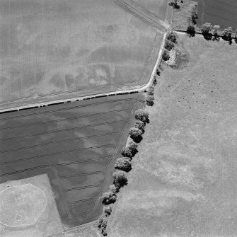 Aerial view of Doon Hill, taken from the NNW, centred on a cropmark of a possible palisaded enclusure.  A cropmark of a rectilinear enclosure, situated to the S, is visible in the top centre of the photograph.  A timber hall encloure, situated to the N, is visible in the bottom left-hand corner of the photograph.