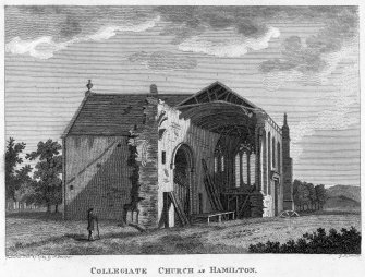Photographic copy of engraving showing Hamilton Collegiate Church
Insc. 'Collegiate Church at Hamilton. Published Dec.r 27th 1789 by S Hooper. J N sculpt'
Copied from Grose's 'Antiquities of Scotland, 1789' held in NMRS Print Room (opp. p 137)
Digital image of E 33501 p