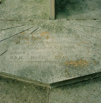 Detail of inscription on sundial at Balmoral Castle. 
'True as the needle to the pole or as the dial to the sun are the loyal hearts of the people of Caithness rejoicing in the happiness of HRH Princess Elizabeth. Nov.20th 1947'
