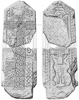 Faces of two cross slabs showing symbols.
Stone held at Pictavia.
Signed: 'JB'