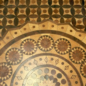 Detail of parquet floor in basement chapel, laid to reproduce the pattern of the original medieval tiles by estate carpenter John Ramsay.
Digital image of C 54094 CN.