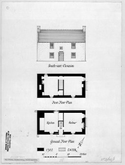 Ground and first floor plans, SE elevation (reconstructed) of Old Auchentroig.