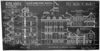 Designs for conversion into Glasgow Women's Private Hospital.  (Revised.)
Section looking North.  Elevation to Julian Avenue.  Section through operating theatre looking West.  
Signed 'James Salmon & Son, F.R.I.B.A., F.I.A. (Scot.), Architects, 48 Jane Street, (Bl. Sq.), Glasgow'.
Stamped on reverse 'A.W. McMurdo, Glasgow Drawing Office, 74 York Street: Printed by Shaw Copier'.