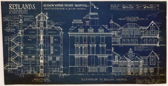 Designs for conversion into Glasgow Women's Private Hospital.  (Revised.)
Section looking North.  Elevation to Julian Avenue.  Section through operating theatre looking West.  
Signed 'James Salmon & Son, F.R.I.B.A., F.I.A. (Scot.), Architects, 48 Jane Street, (Bl. Sq.), Glasgow'.
Stamped on reverse 'A.W. McMurdo, Glasgow Drawing Office, 74 York Street: Printed by Shaw Copier'.