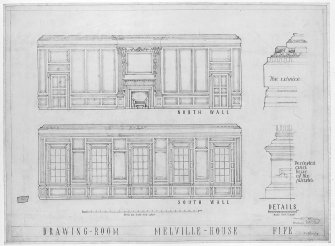 Digital image of pencil drawing of drawing-room - panelling on N and S walls; and details of cornice and pedestal and base of the pilaster.
Signed: 'Stanislaw Tyrowitz S.A.R.P.'.