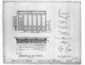 Digital image of pencil drawing of drawing-room - panelling on W and E walls, mantelpiece of the fireplace and details including door's jamb, chair rail and room base.
Signed: 'Stanislaw Tyrowitz S.A.R.P.'.