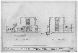 South elevation and North elevation.
Original in RIAS Shearer Collection.
Insc: 'North of Scotland Hydro-Electric Board  Grudie Bridge Power Station'
d:  'Nov. 1948'
Digital image of C 44633 P.