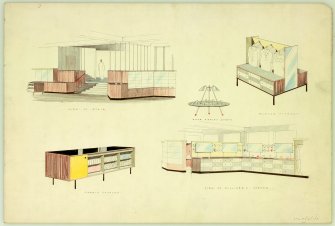 Possibly for Edinburgh, 47-52 Princes Street, Jenners.
Designs for shoe display stand, blouse fitment, fabric counter.  Views of stair and millinery corner.
Scanned image of E 21205 P.