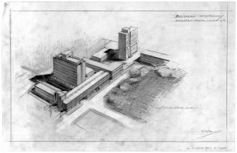 Aerial perspective from the North West.
Titled: 'Edinburgh University   Appleton Tower: Phases 2/3'.                                                           
