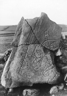 View of reassembled fragmentary symbol stone.
