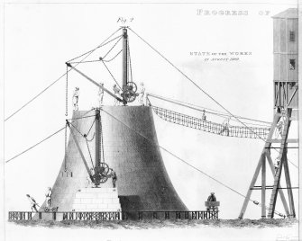 Engraving showing the construction of the Bell Rock Lighthouse.
Titled: ''State of the works in August 1809'.