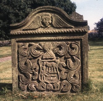 Vioew of gravestone with depiction of a groom, 1792.