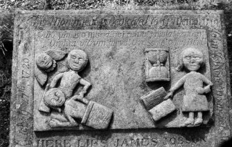View of gravestone with deathbed scene, 1720.