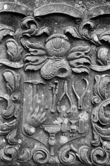 View of gravestone with tools of a watchmaker, 1772.