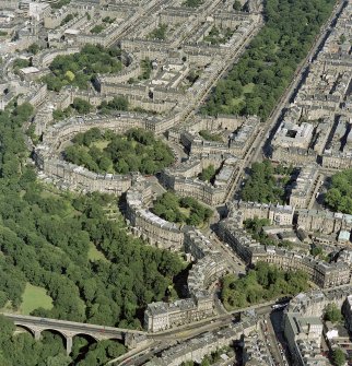 Edinburgh, digital image of an oblique aerial view, taken from the SW, centred on Moray Place, with the New Town across most of the photograph. Dean Bridge is in the bottom left-hand corner.