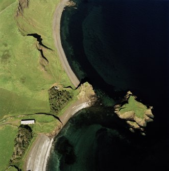 Canna, Coroghan (Coroghon) Castle, Alman and An Coroghan (Coroghon Barn): aerial view of various sites.
Digital image of C 40394 CN