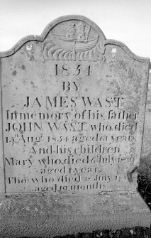 View of gravestone of John Wast, 1834. Carving of two men in tricorn hats in a rowing boat.
Digital image of AN 6795.