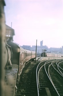 View looking WNW from locomotive 76074 showing Dalmuir train departing station