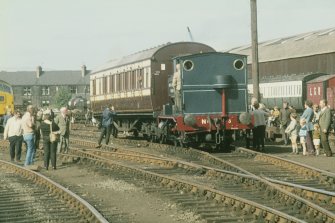 View from S showing locomotive no 3 and carriage on SRPS open day with part of engine shed in background