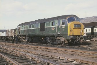 View from SSW showing locomotive no 6121 with part of engine shed in background