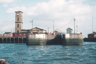 View from WNW onboard Kelvinhaugh 'Wee' ferry looking toward Kelvinhaugh Wharf with power station in background